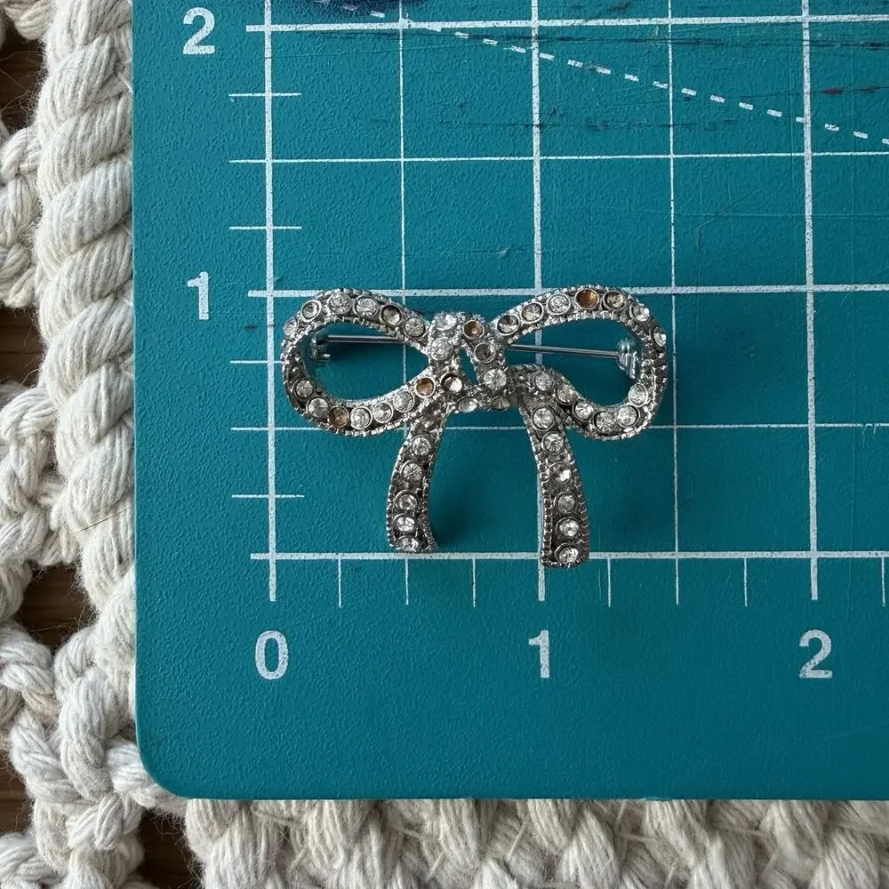Vintage Rhinestone Bow Brooch Silver Tone Ribbon Pin 1.5” Repair Craft